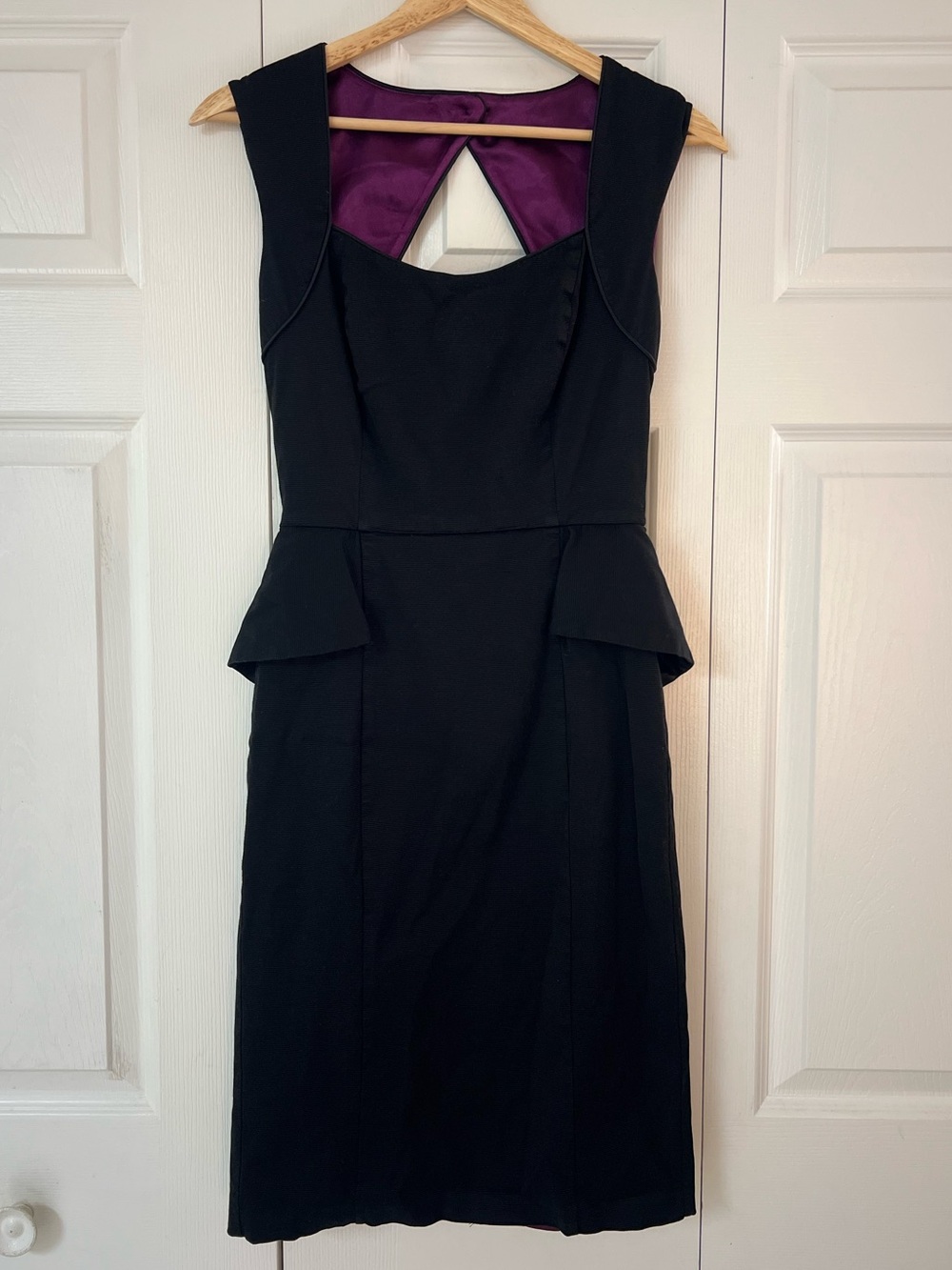 White House Black Market Black Peplum Sheath Dress with Purple Lining